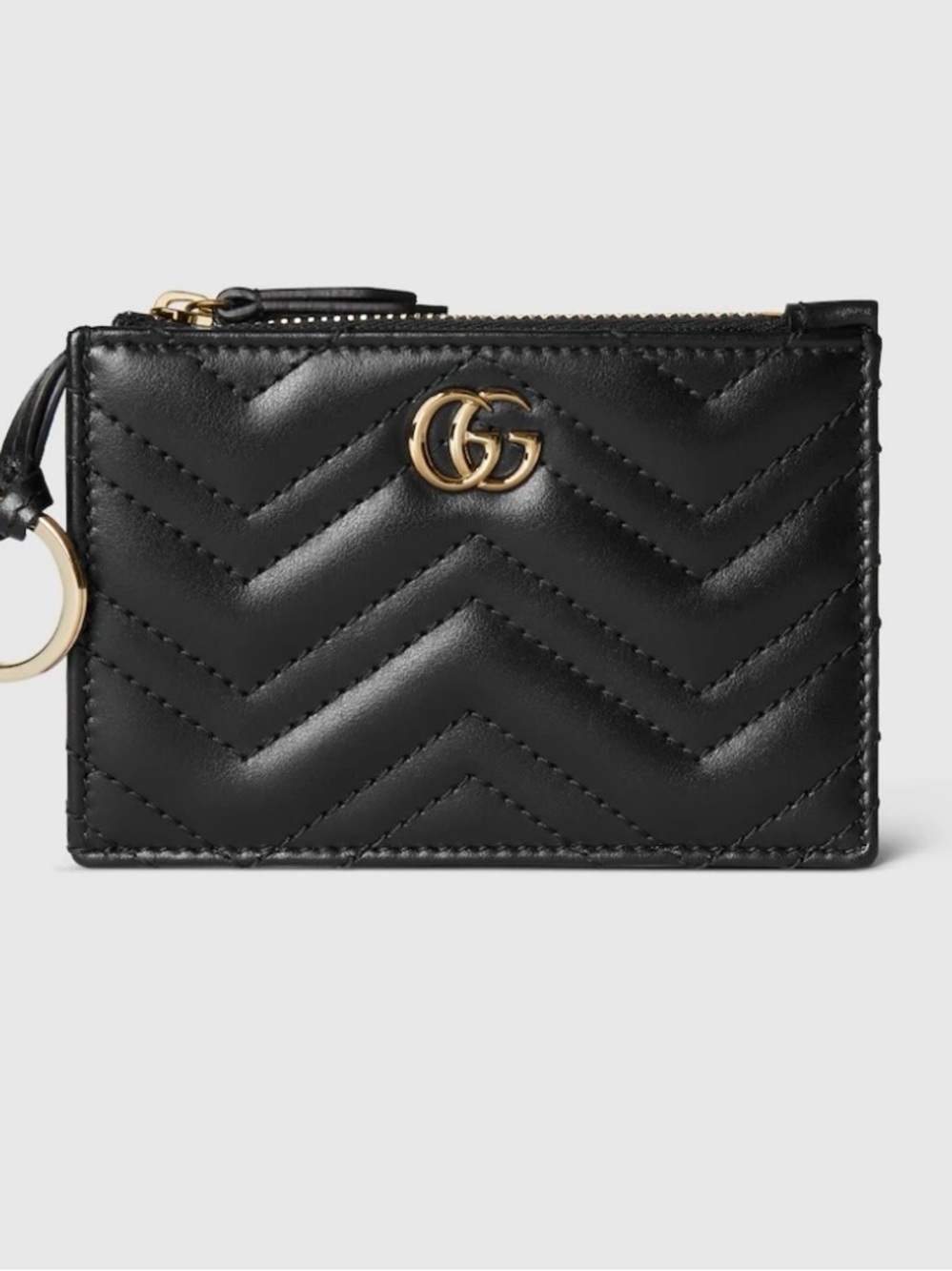 New Gucci Black Quilted GG Leather Card Holder with Gold Hard